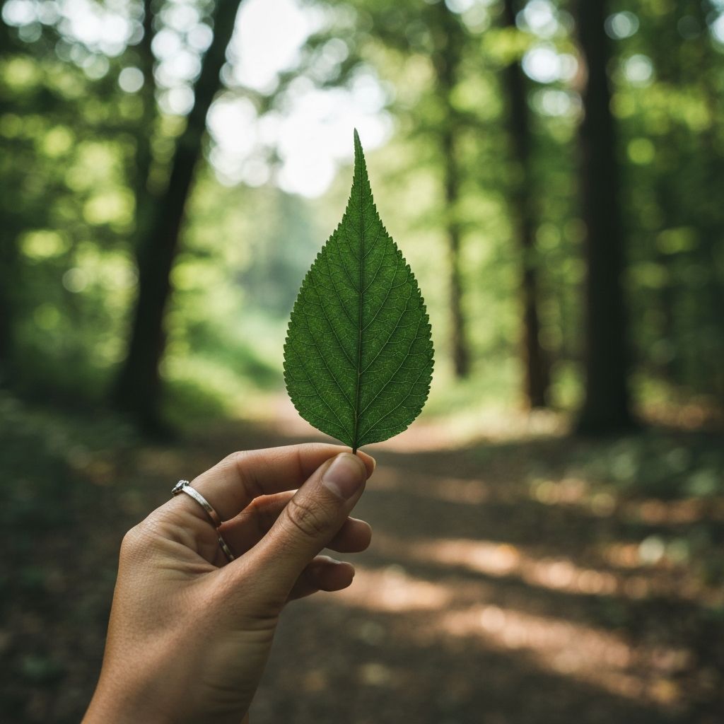 Hand holding botanical leaf in nature